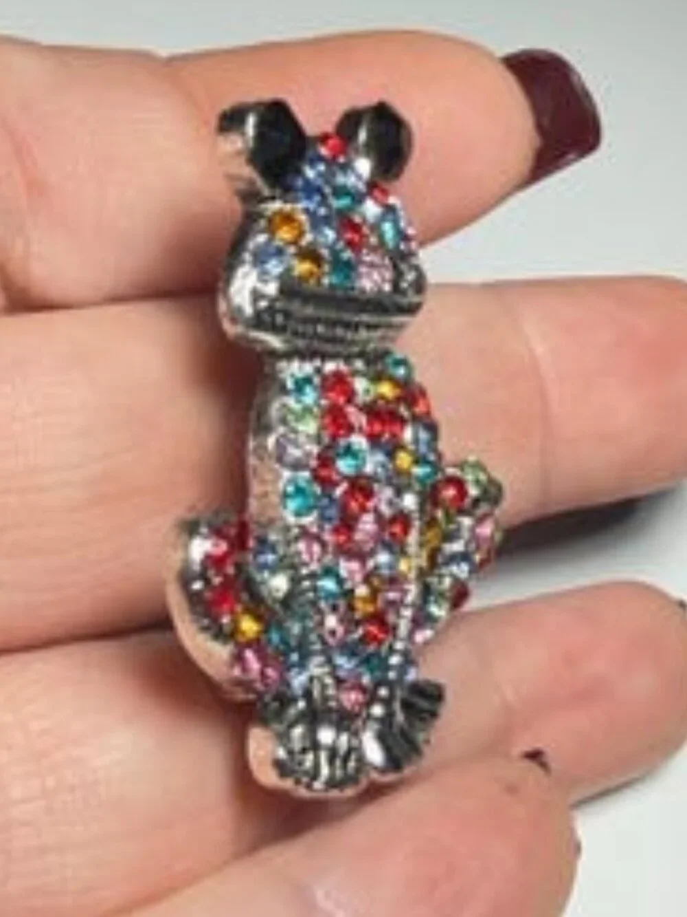 Colorful Rhinestone Frog Brooch Silver Tone Animal Pin